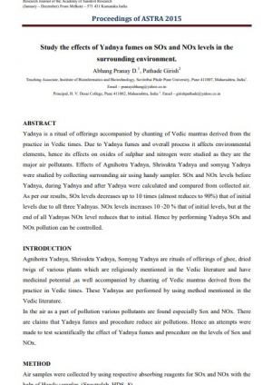 2015, Study the effects of Yadnya fumes on SOx and NOx levels in the surrounding environment. Abhang Pranay D., Pathade Girish